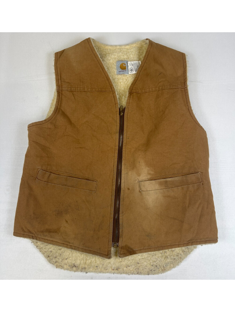 Vintage Carhartt Mens Medium Brown Duck Canvas Sherpa Lined Full Zip Work Vest